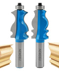 Architectural Molding Router Bit Set, Half Inch Shank, Two Piece Pro Grade Edge Forming Bits, blue coating, wood trim examples