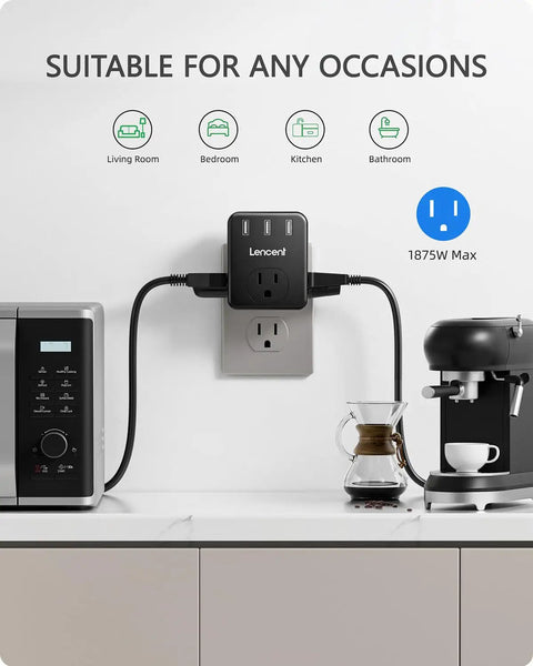 Three Way Wall Outlet Extender With Three AC Outlets And Three USB Ports No Fuss Wall Charger For Home Office Travel Widely Spaced Three Sided Wall Tap Cruise Ship Approved Multi Plug Expander