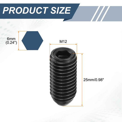 5 Pack M12 x 25mm Screw Thread Ball Plungers With Hex Socket, Pro Grade, Heavy Duty High Carbon Steel Spring Ball Plungers For Lubrication And Pneumatic Tools, Black Finish, 6mm Ball, 30-80N Load, size diagram