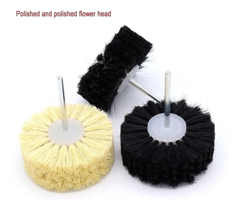 Sisal And Pig Hair Polishing Brush Wheel That Flips The Switch On Rotary Drill Woodworking Buffing For Fast Waxing Shine and Detail Jobs On Jade Wenwan Or Hard Surfaces In A Snap - yellow and black brush heads.