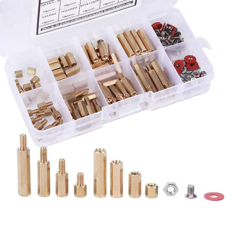 Brass M3 Standoff Kit With Screws, Washers, Nuts, And Hex Spacers For 140 Piece Electronics Hardware Set For Circuit Boards And Computer Connectors Durable Slick DIY Project Kit. Brass M3 standoffs in organizer box