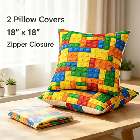Set Of 2 Reversible Throw Pillow Covers With Color Building Blocks Toy Brick Print, 18x18 Inches, Zipper Closure, Soft 100 Percent Polyester, Cozy Living Room Decor For Home And Kids Rooms, Machine Washable Cushion Covers on stacked pillows