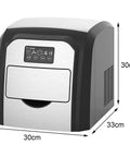 Slick Stainless Steel Electric Ice Maker Machine With Auto Self Cleaning Function produces ice cubes, compact design, dimensions 30x30x33cm.