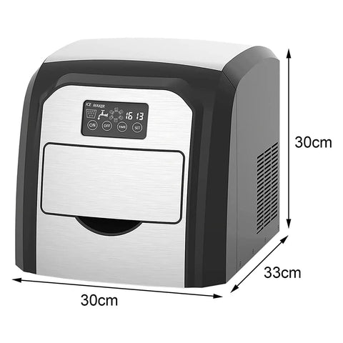 Portable Electric Countertop Ice Maker Featuring Automatic Self Clean Cycle Yields Thirty Three Pounds Of Crisp Ice Daily And Produces Twelve Cubes In Just Nine Minutes No Sweat Compact Footprint Saves Valuable Kitchen Counter Space, front view with display.
