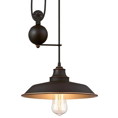 Close-up of Iron Hill Vintage Style One Light Indoor Pulley Pendant Light with Brushed Nickel Finish and Metal Shade hanging