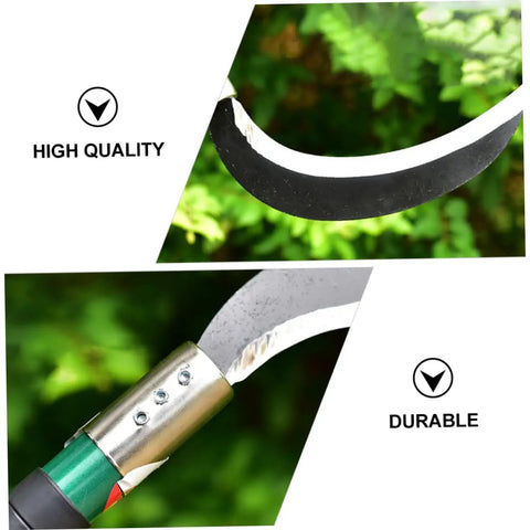 Close-up of Ergonomic Garden Weeding Tool Set with lightweight manganese steel scythe blade showcasing durability edges for cutting.