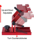 Workhorse Aluminum Alloy Sharpening Jig For Bench Grinders Adjustable Angle Tool Rest with adjustable red clamp design.