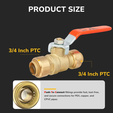 Three Quarter Inch Push To Connect Ball Valve Fitting For Copper CPVC PEX Plumbing with red handle, product size details visible.