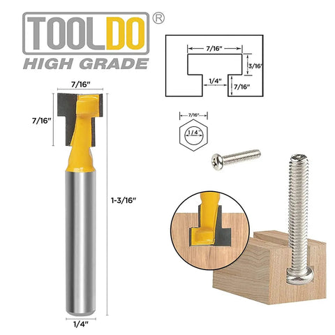 Keyhole Router Bit Set With One Quarter Inch Shank, Five Piece Cutter Kit With Carbide Inserts, detailed bit and use diagram