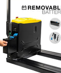 Heavy Duty 3300 Lbs Full Electric Pallet Jack With 7.5 Inch Lift Height And Thick 45 By 27 Inch Forks, removable battery feature.