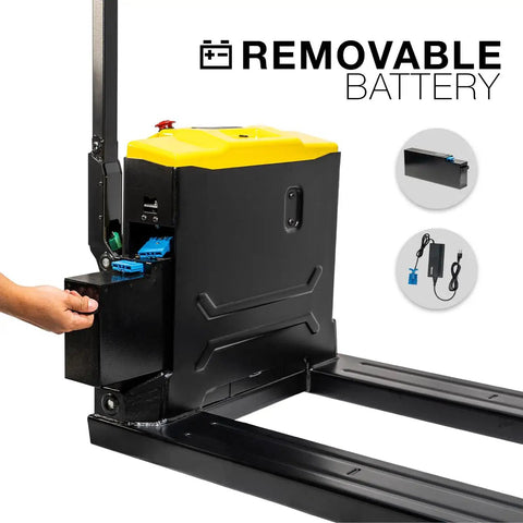 Heavy Duty 3300 Lbs Full Electric Pallet Jack With 7.5 Inch Lift Height And Thick 45 By 27 Inch Forks, removable battery feature.