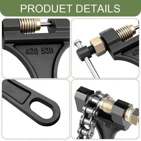 Close-up of Heavy Duty Chain Breaker Tool for 420 428 520 525 528 530 chains showing components and metal construction
