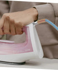 Pro Grade Heavy Duty High Temperature Steam Iron Replacement Hose and Tube attached to a handheld steam iron.