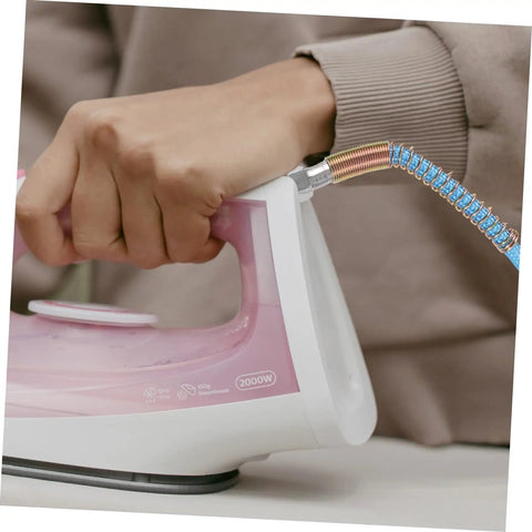 Pro Grade Heavy Duty High Temperature Steam Iron Replacement Hose and Tube attached to a handheld steam iron.