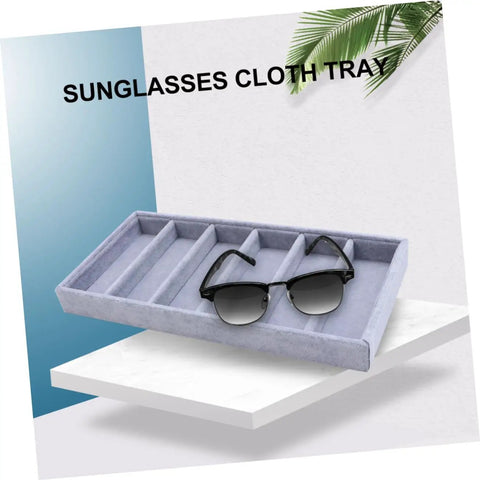 Solid Six Grid Sunglasses Storage Plate And Jewelry Display Box For Women Totally Fresh Fashion Organizer With Scratch Proof Surface, gray compartments with sunglasses.