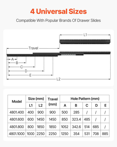 Tough As Nails Undermount Drawer Slides Full Extension Ball Bearing System Designed For Zero Friction Cabinet Travel Rock Solid Weight Support Fast Swap size diagram with measurements.