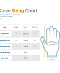 Glove sizing chart showing length, weight, palm width, and cuff width for sizes 8/M, 9/L, 10/XL with a hand diagram.