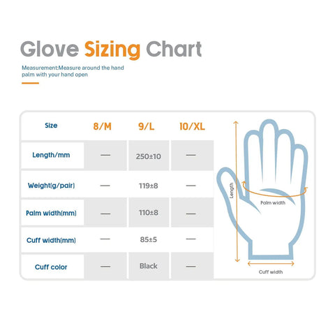 Glove sizing chart showing length, weight, palm width, and cuff width for sizes 8/M, 9/L, 10/XL with a hand diagram.