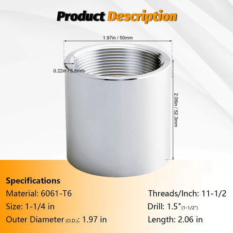 Beefy 1-1/4 Inch NPT Threaded Full Coupling Aluminum 6061-T6 Schedule 40 Pipe Fitting With Female Threads, side view