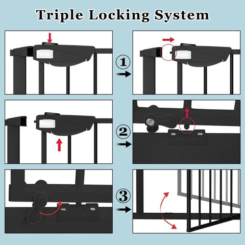 Extra Wide Baby Gate With Triple Lock System, Pressure Mounted Walk Through Auto Close Safety Gate For Stairs And Doorways, Black Metal Indoor Gate diagram showing triple locking steps