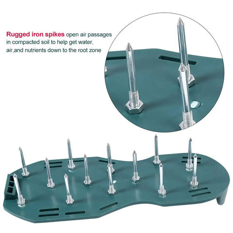 Spiked Lawn Aerator Shoes with multiple rustproof spikes on green PP plastic base for Yard and Garden, close-up view.