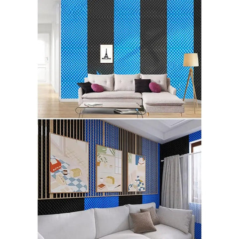 High Density Egg Crate Acoustic Foam Panels Self Adhesive Soundproof Wall Sheets in modern living room with blue and black patterns.