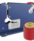 Heavy Duty Manual Bag Sealer With Razor Sharp Metal Tape Dispenser And Sweet Anti Slip Grip Hella Tough Frame close up, showing blue body and tape rolls.