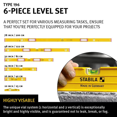 Pro Grade Six Piece Level Set With Precision Aluminum Spirit Levels Spanning Sixteen Through Seventy Eight Inches Plus Ten Inch Magnetic Torpedo Dead On Readings In A Heavy Duty Carry Case Built Tough For The Daily Grind
