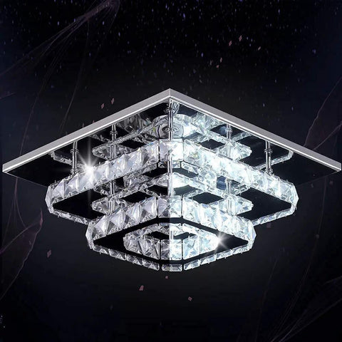 Crystal Square Ceiling Light Chandelier With Modern LED Flush Mount Two Layer Design, polished stainless steel, K9 crystals