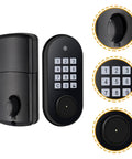 Game Changer Electronic Keypad Deadbolt Lock With Four Aa Batteries Black Keyless Entry Security For Exterior Doors Easy Install Passcode Access Lock Your Place Down Tight Today, showcasing the keypad and locking mechanism.