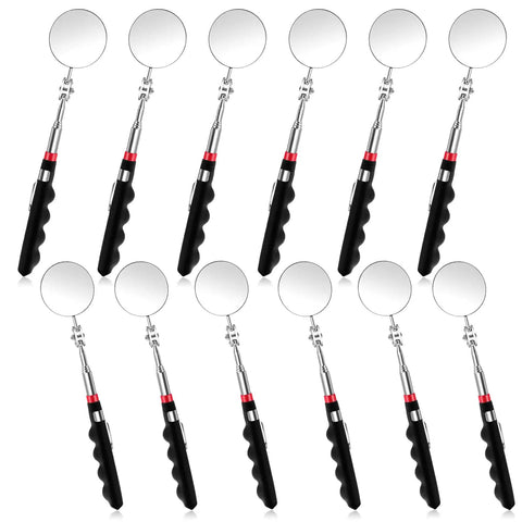 12 Pack Telescoping Inspection Mirrors Set With 29 Inch Extendable Handles showing extended handles and round mirrors