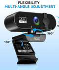 Plug And Play 4K Webcam Delivers Pristine Video Clarity And Smooth Audio For Stress Free Streaming, featuring multi-angle adjustment design.