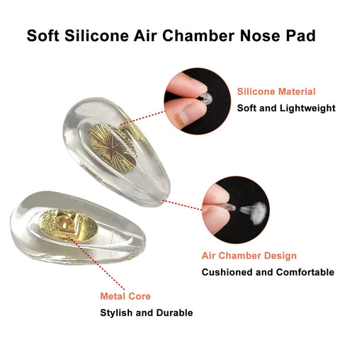 Soft Silicone Eyeglasses Nose Pads With Air Cushion For Ultra All Day Comfort No Slip, close-up showing design elements and gold finish.