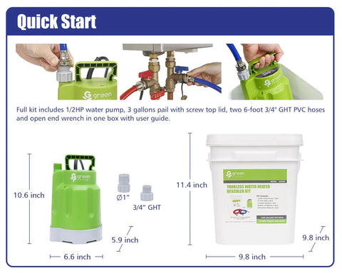 Kickin Heavy Duty Tankless Water Heater Flushing Kit with Pro Level Half Hp Pump Pushing 2500 GpH shown with components and dimensions.