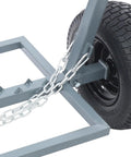 Beefed Up Heavy Duty Log Dolly With Tow Chain, 1500 Lb Capacity Firewood Cart, close-up of frame and tire with chain.