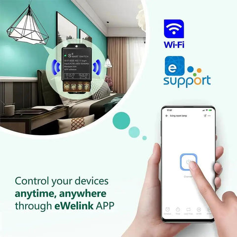 High Power 30A WiFi Smart Switch 110V 120V 240V with eWeLink app control display, shown in a room setting.