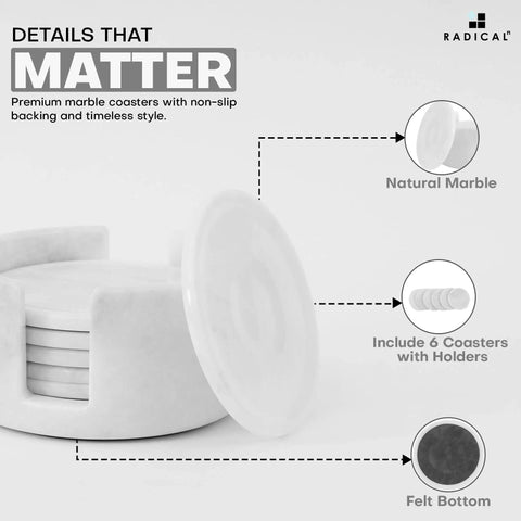 Set Of Six Round Marble Coasters With Secure Holder White Polished Stone For Kitchen Countertops Modern Minimalist Design, showcasing a fresh marble coaster.