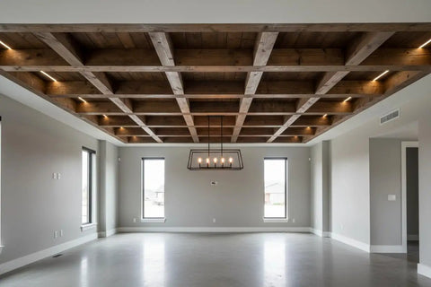 Spacious interior with heavy duty reactive weatherwood stain ceiling, perfect for showcasing cabinetry and flooring.