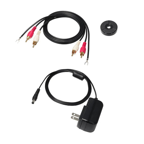 Audio Technica At-Lp70x Fully Automatic Belt Drive Turntable accessories include audio cables and power adapter for vinyl setup.
