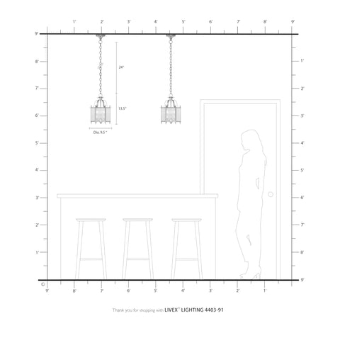 Diagram showing two Three Light Brushed Nickel Hanging Lantern Or Flush Mount Chandelier With Clear Beveled Glass above a bar area.