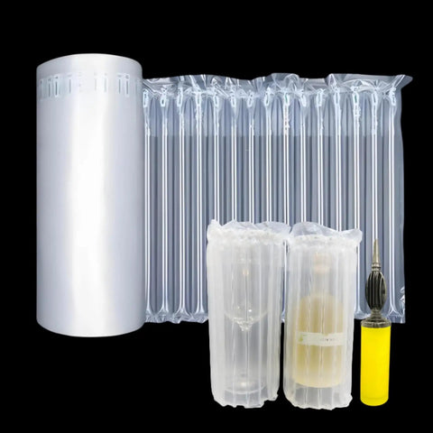 Heavy Duty Bubble Cushion Wrap For Shipping Fragile Items With Large Inflatable Air Pillows And Hand Pump, Reusable Eco Friendly Packing Material For Bottles And TV Protection, 11.8 Inch Width By 131 Feet Roll visible in packaging with hand pump and wrapped bottles on black background.