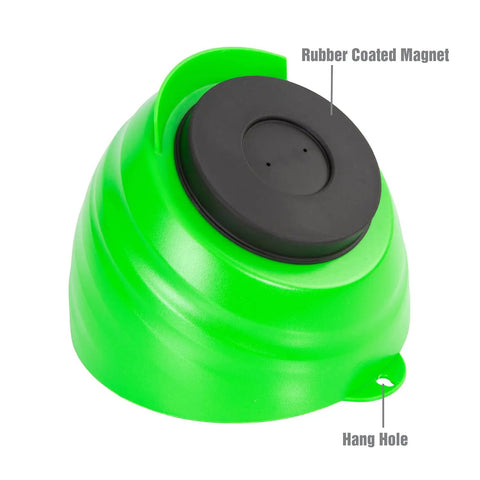 Bottom view of Green Magnetic Nut Cups 2 Pack, showing rubber-coated magnet and hang hole, durable ABS plastic for garage use.