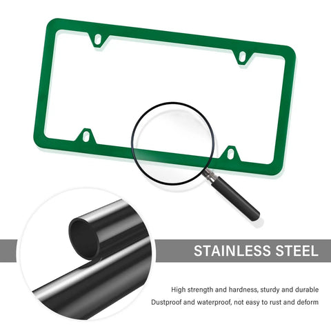 Two Pack Colorful Car License Plate Frames With Gaskets Screws And Caps Stainless Steel Four Hole License Plate Holder Fits US Standard Universal Car Tag Frame Green Durable Weatherproof Easy Install displayed with magnified stainless steel detail.