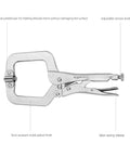Three Piece C Clamp Locking Pliers Set With 6 Inch, 9 Inch And 11 Inch Jaws, Beefy Grip And Rust Resistant Nickel Plated Alloy Steel Construction, Screw Adjustable Jaws With Swivel Pad For Bulky Or Odd Shaped Objects, shown with tension knob and release mechanism