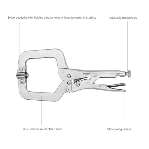 Three Piece C Clamp Locking Pliers Set With 6 Inch, 9 Inch And 11 Inch Jaws, Beefy Grip And Rust Resistant Nickel Plated Alloy Steel Construction, Screw Adjustable Jaws With Swivel Pad For Bulky Or Odd Shaped Objects, shown with tension knob and release mechanism