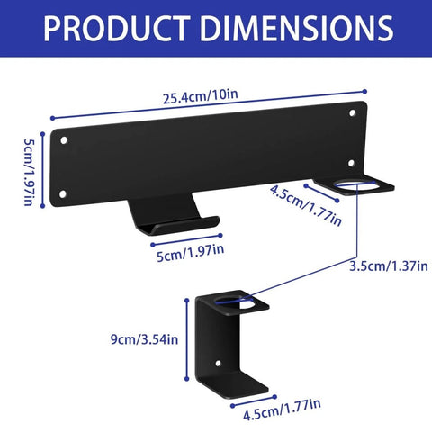Diagram of Floor Jack Wall Mount Organizer Brackets dimensions, showing heavy-duty metal construction and mounting holes.