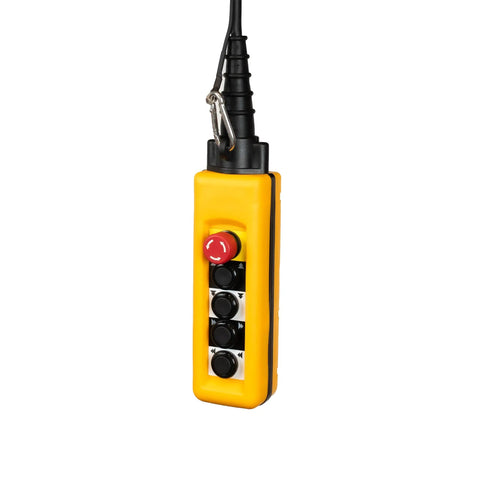 Heavy Duty Workhorse 2 Ton Electric Chain Hoist With Wireless Remote control panel featuring buttons for easy operation.