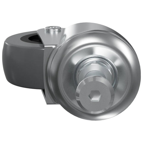 Close-up view of 2-inch heavy-duty 360-degree swivel caster wheel with silver metal head and black stem