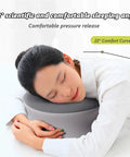 Ergonomic Charcoal Memory Foam Chest Support Pillow For Naps And Sleep On The Go, woman resting on gray pillow at desk