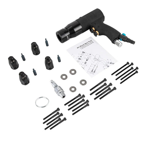 Air Powered Rivet Nut Gun Kit with Quick Change Nose Pieces, including heads and mandrels, laid out with instruction manual